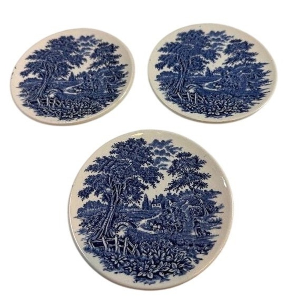 English Ironstone Set 3 Coasters Blue Transferware Pastoral Scene England